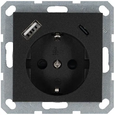 Розетка Shuko 16А с заземл. защ. шторки с 2-мя заряд. устройствами USB тип A+C 25Вт механизм антрацит Jasmart G5501USB-25B