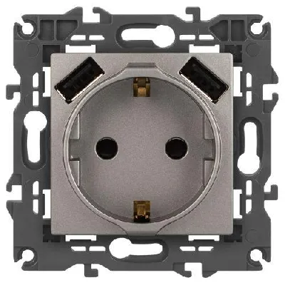 Розетка Elegance 14-4109-16 16A 250В 2P+E защ. штор. с 2xUSB 3А 5В титан Эра Б0065775