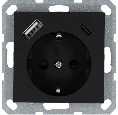 Розетка Shuko 16А с заземл. защ. шторки с 2-мя заряд. устройствами USB тип A+C 25Вт механизм черн. матов. soft touch Jasmart G5501USB-25PB