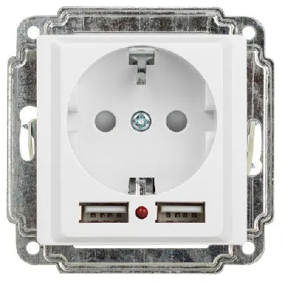 Розетка 1-м СП Accent 6-410-01 16А IP20 250В P+E Schuko защ. шторки + 2хUSB бел. Intro Б0063689