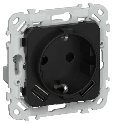 Розетка 1-м СП FLITE РСЮша11-1-ФлЧ 16А с USB A+A 3.1А с заземл. с защ. шторками безвинтовое крепление механизм черн. IEK FI-R14-16-1-U21-D31-K02