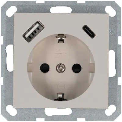 Розетка Shuko 16А с заземл. защ. шторки с 2-мя заряд. устройствами USB тип A+C 25Вт механизм тауп Jasmart G5501USB-25T