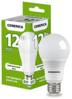 Лампа светодиодная A60 12Вт грушевидная 4000К E27 230В GENERICA LL-A60-12-230-40-E27-G