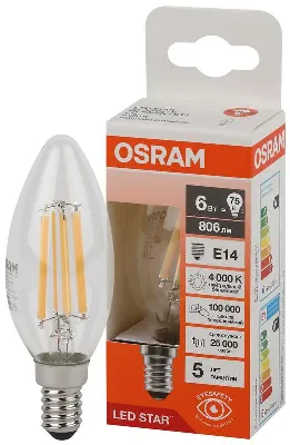 Лампа светодиодная филаментная LSCLB75 6W/840 230VFILCL 6Вт 4000К нейтр. бел. E14 806лм B угол пучка 300град. 220-240В (замена 75Вт) прозр. стекло OSRAM 4058075684843