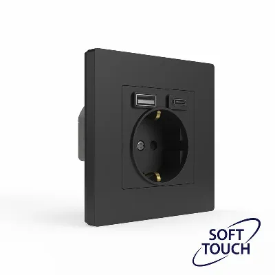 Розетка 1-м СП Pixel IP20 с заземл. с 2-мя заряд. устр. USB тип A+C механизм карбон TOKOV ELECTRIC TKE-PX-R1U2AC-C14