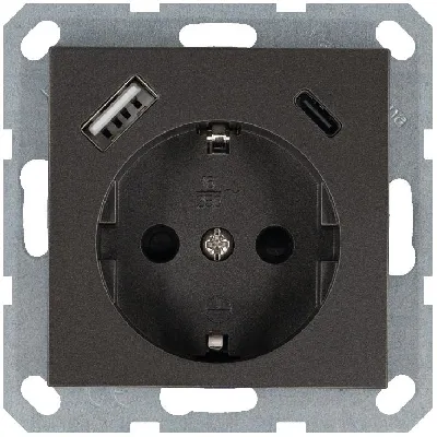 Розетка Shuko 16А с заземл. защ. шторки с 2-мя заряд. устройствами USB тип A+C 25Вт механизм мокко Jasmart G5501USB-25Z