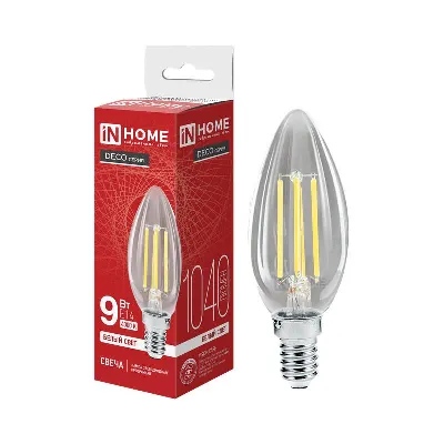Лампа светодиодная LED-СВЕЧА-deco 9Вт свеча прозрачная 4000К нейтр. бел. E14 1040лм 230В IN HOME 4690612026206